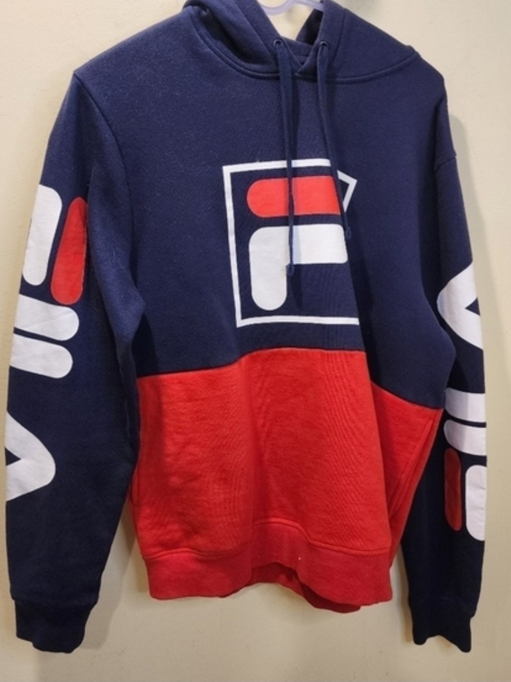 Fila Men's Navy and Red Logo Hoodie Sweater